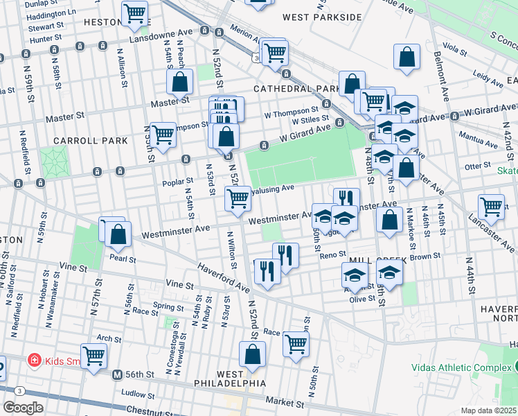 map of restaurants, bars, coffee shops, grocery stores, and more near 524 North Paxon Street in Philadelphia