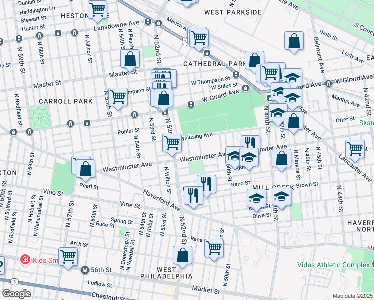 map of restaurants, bars, coffee shops, grocery stores, and more near 524 North Paxon Street in Philadelphia