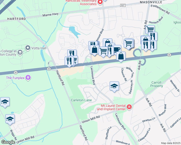 map of restaurants, bars, coffee shops, grocery stores, and more near 79 Hastings Way in Mount Laurel