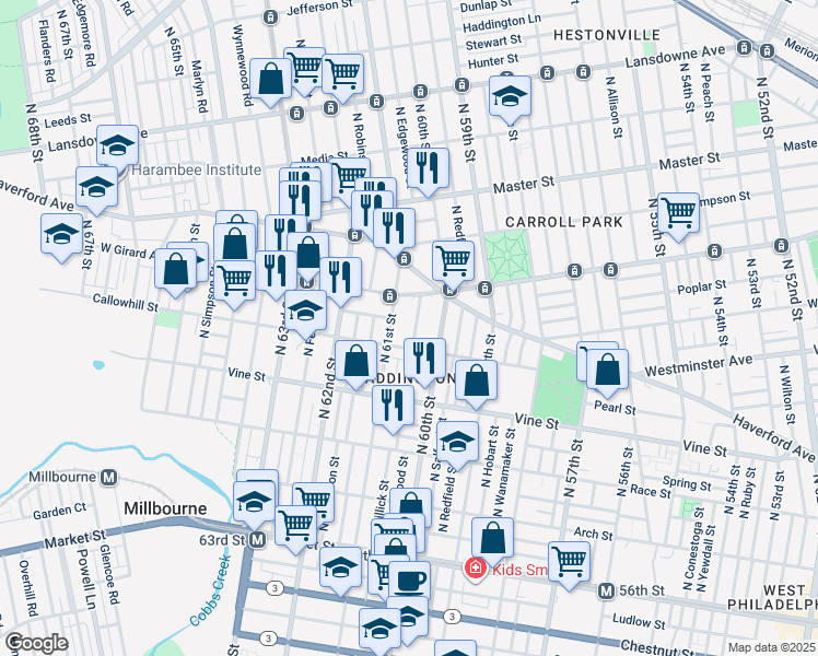 map of restaurants, bars, coffee shops, grocery stores, and more near 424 North Edgewood Street in Philadelphia