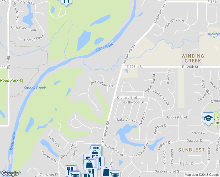 map of restaurants, bars, coffee shops, grocery stores, and more near 7491 River Highlands Drive in Fishers