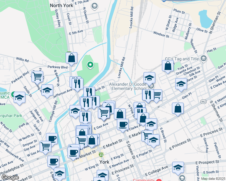 map of restaurants, bars, coffee shops, grocery stores, and more near 311 Walt Way in York