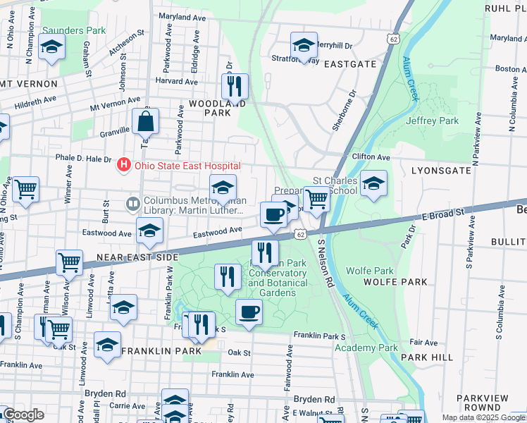 map of restaurants, bars, coffee shops, grocery stores, and more near 1750 East Long Street in Columbus