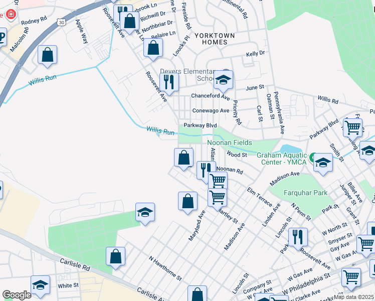 map of restaurants, bars, coffee shops, grocery stores, and more near 452 Tioga Street in York