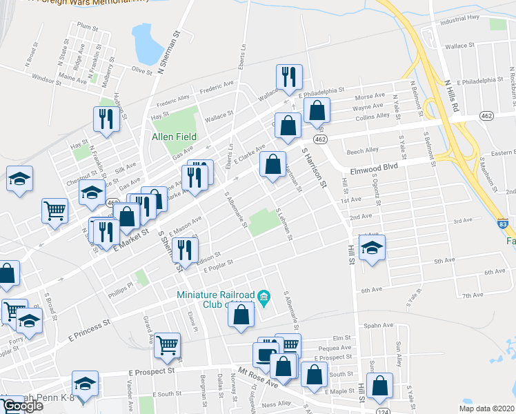 map of restaurants, bars, coffee shops, grocery stores, and more near 1060 E King St in York