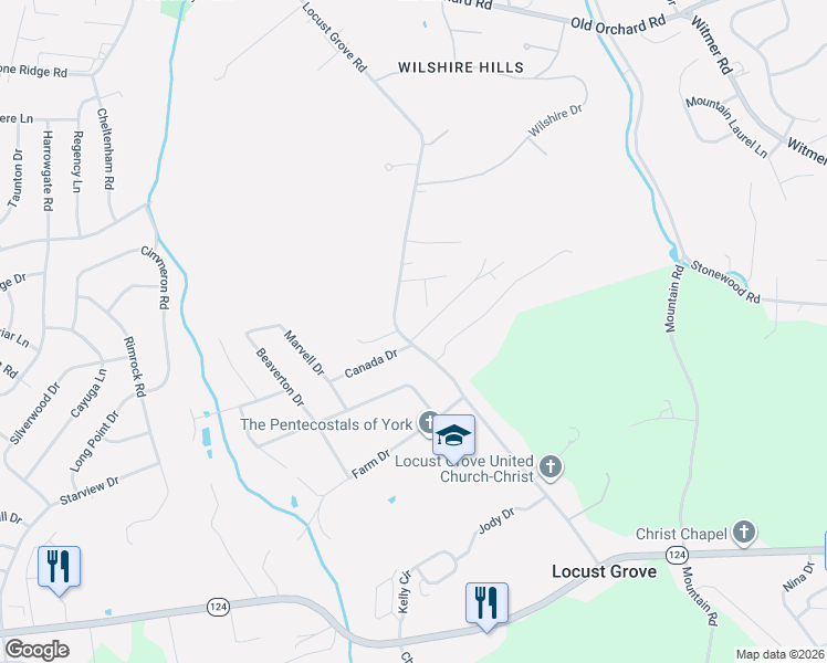 map of restaurants, bars, coffee shops, grocery stores, and more near 821 Locust Grove Road in York