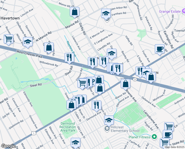 map of restaurants, bars, coffee shops, grocery stores, and more near 212-298 West Chester Pike in Havertown