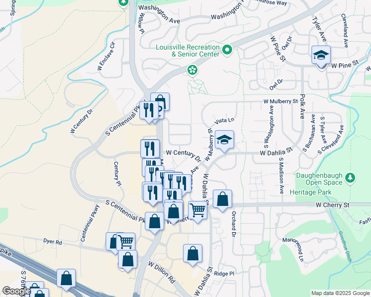 map of restaurants, bars, coffee shops, grocery stores, and more near 174 Cherrywood Lane in Louisville