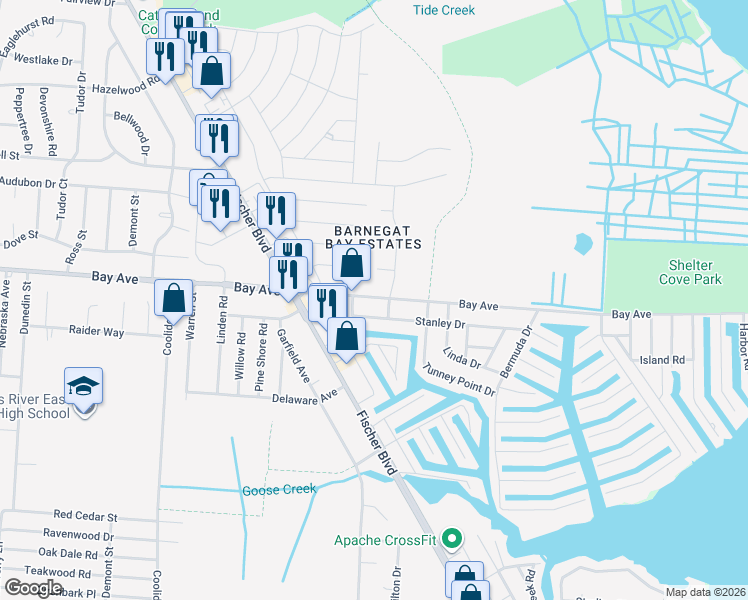 map of restaurants, bars, coffee shops, grocery stores, and more near 1246 Bay Avenue in Toms River