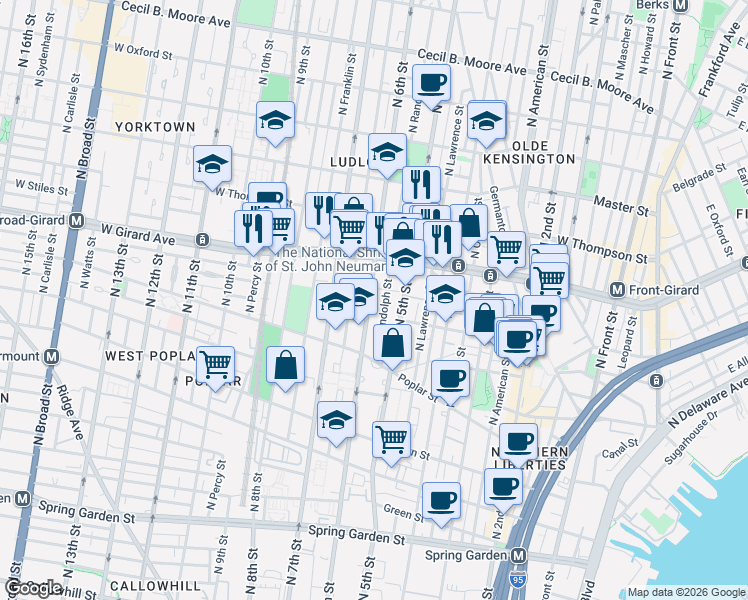 map of restaurants, bars, coffee shops, grocery stores, and more near 952 North 6th Street in Philadelphia