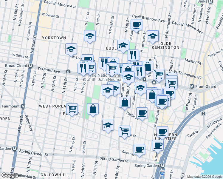map of restaurants, bars, coffee shops, grocery stores, and more near 952 North 6th Street in Philadelphia