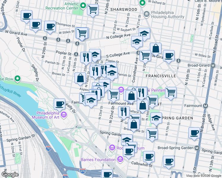 map of restaurants, bars, coffee shops, grocery stores, and more near 754 North 22nd Street in Philadelphia