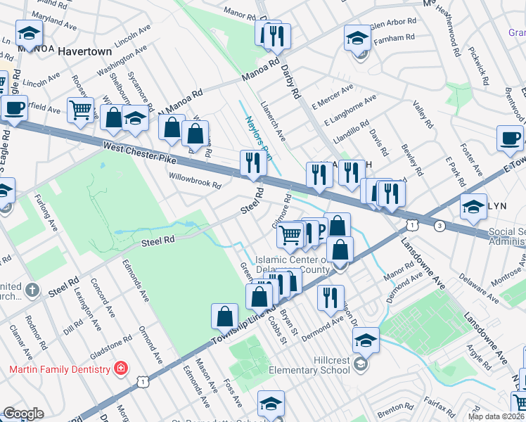 map of restaurants, bars, coffee shops, grocery stores, and more near 309 Steel Road in Havertown