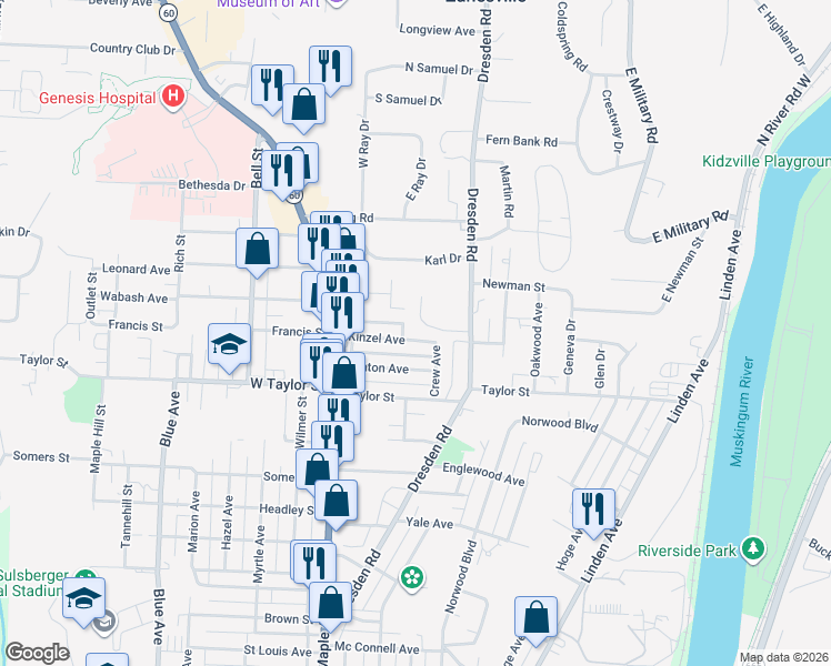 map of restaurants, bars, coffee shops, grocery stores, and more near 460 Coventry Circle in Zanesville