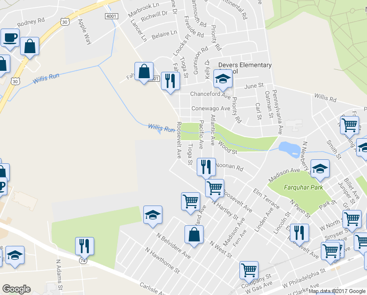 map of restaurants, bars, coffee shops, grocery stores, and more near 1065 Roosevelt Avenue in York