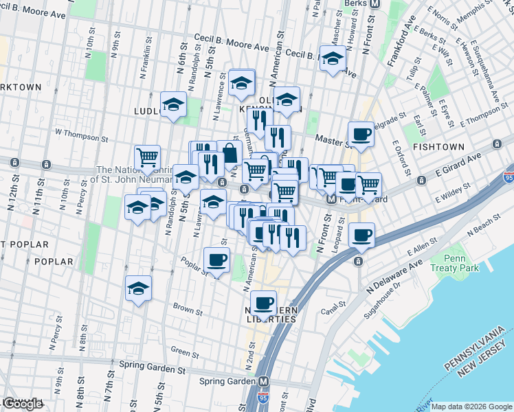 map of restaurants, bars, coffee shops, grocery stores, and more near 1150 North American Street in Philadelphia