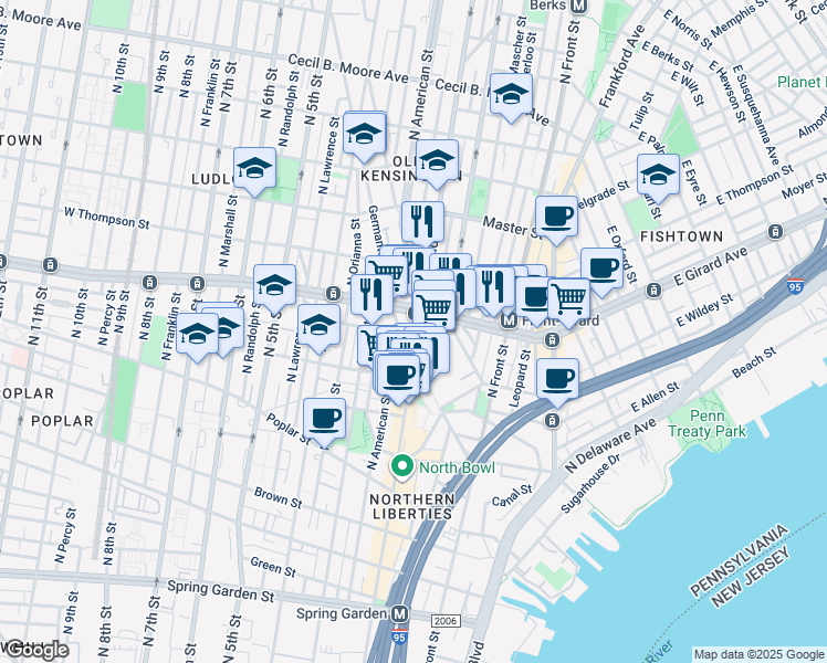 map of restaurants, bars, coffee shops, grocery stores, and more near 1148 North 2nd Street in Philadelphia