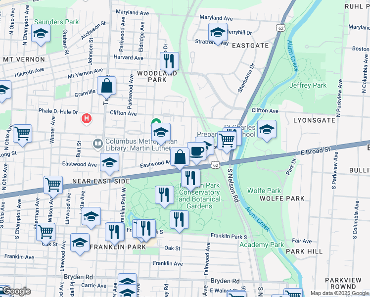 map of restaurants, bars, coffee shops, grocery stores, and more near 1750 East Long Street in Columbus
