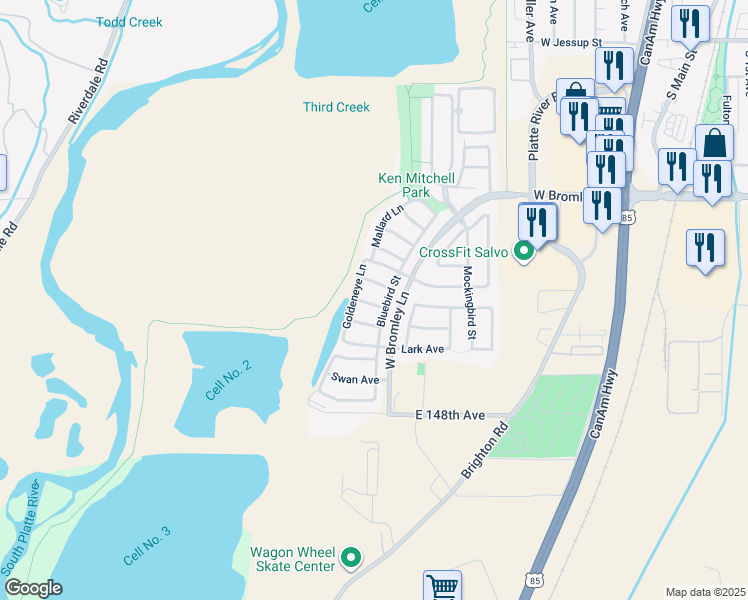 map of restaurants, bars, coffee shops, grocery stores, and more near 1343 Flycatcher Avenue in Brighton