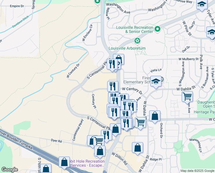 map of restaurants, bars, coffee shops, grocery stores, and more near 1053 West Century Drive in Louisville
