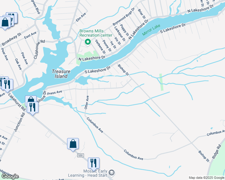 map of restaurants, bars, coffee shops, grocery stores, and more near 132 Press Avenue in Pemberton Township