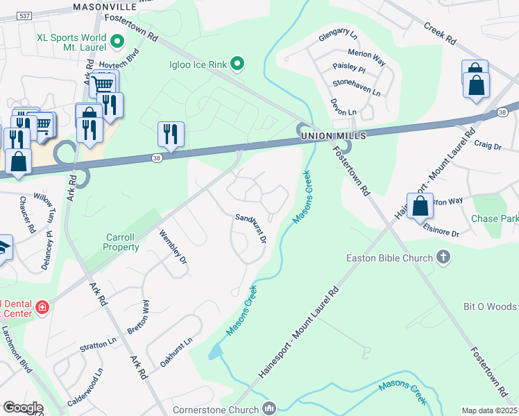 map of restaurants, bars, coffee shops, grocery stores, and more near 2205A Yarmouth Lane in Mount Laurel Township