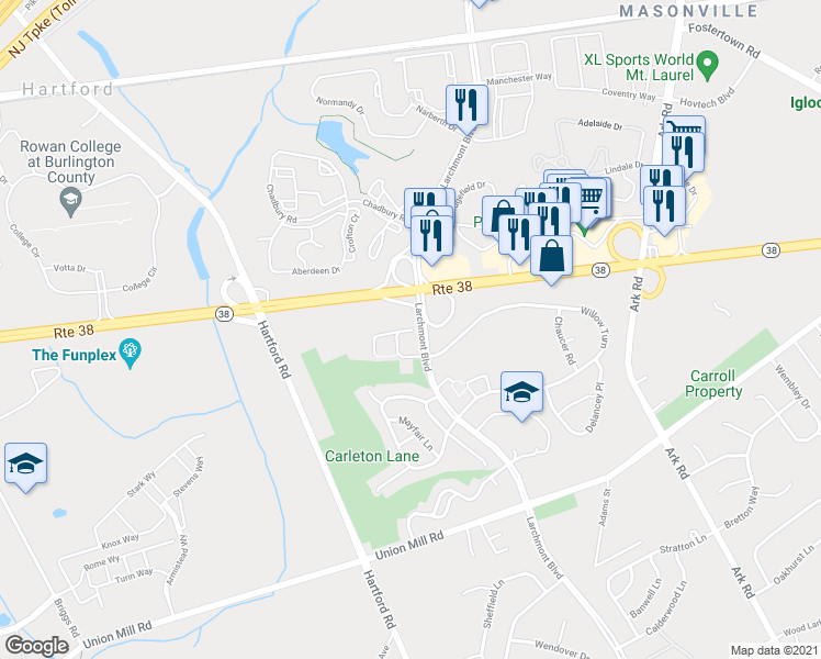 map of restaurants, bars, coffee shops, grocery stores, and more near 113A Hastings Way in Mount Laurel Township