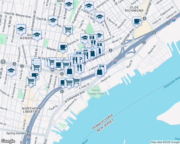 map of restaurants, bars, coffee shops, grocery stores, and more near in Philadelphia