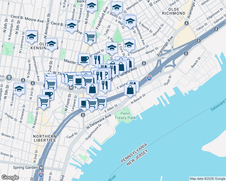 map of restaurants, bars, coffee shops, grocery stores, and more near in Philadelphia