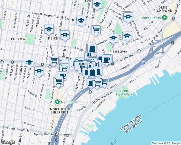 map of restaurants, bars, coffee shops, grocery stores, and more near Frankford Ave & W Girard Ave in Philadelphia
