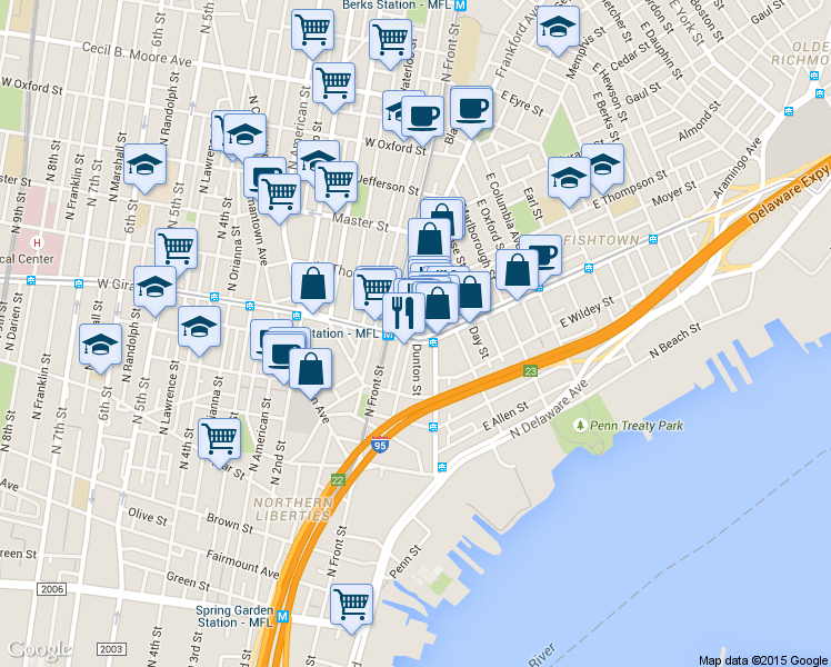 map of restaurants, bars, coffee shops, grocery stores, and more near 15 West Girard Avenue in Philadelphia