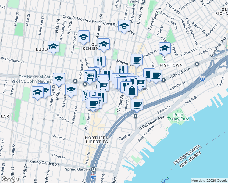 map of restaurants, bars, coffee shops, grocery stores, and more near 1146 O'Neil Street in Philadelphia