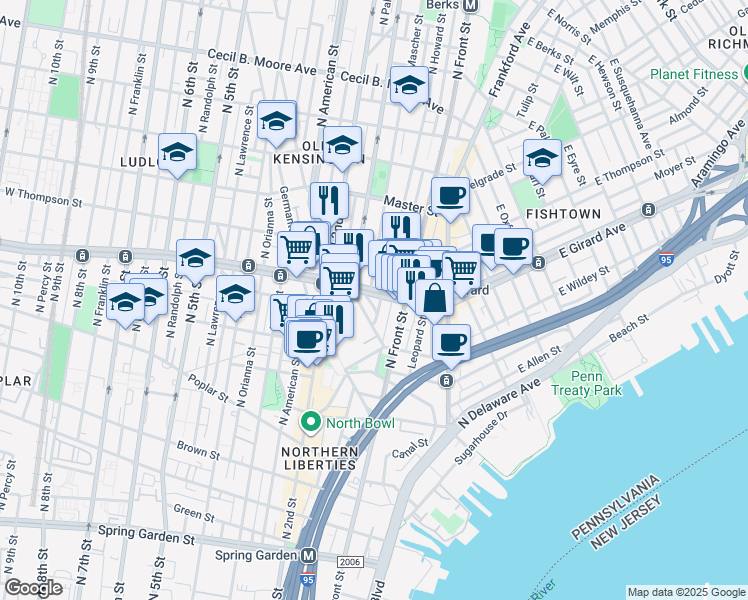 map of restaurants, bars, coffee shops, grocery stores, and more near 1146 O'Neil Street in Philadelphia