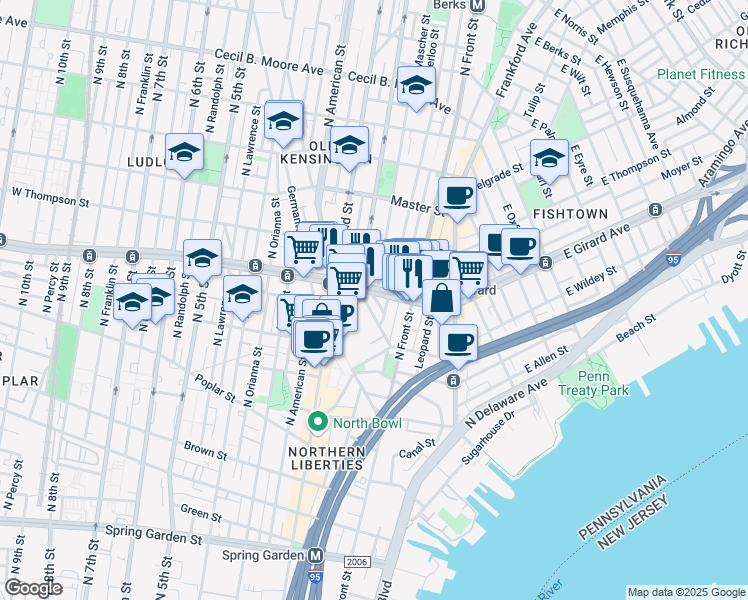 map of restaurants, bars, coffee shops, grocery stores, and more near 1146 O'Neil Street in Philadelphia