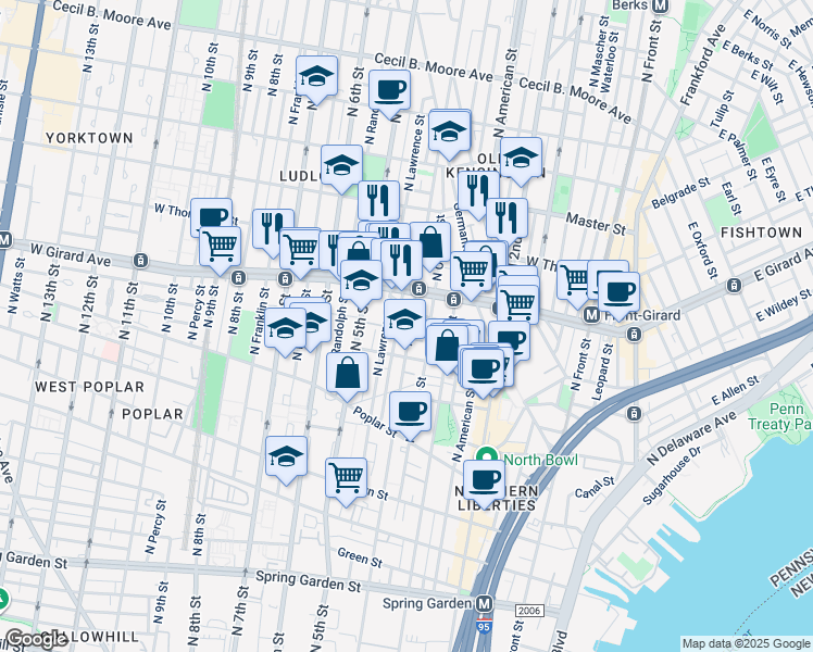 map of restaurants, bars, coffee shops, grocery stores, and more near 1040 North Leithgow Street in Philadelphia