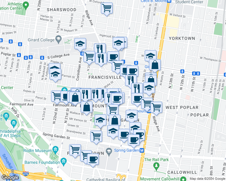 map of restaurants, bars, coffee shops, grocery stores, and more near 813 Cameron Street in Philadelphia