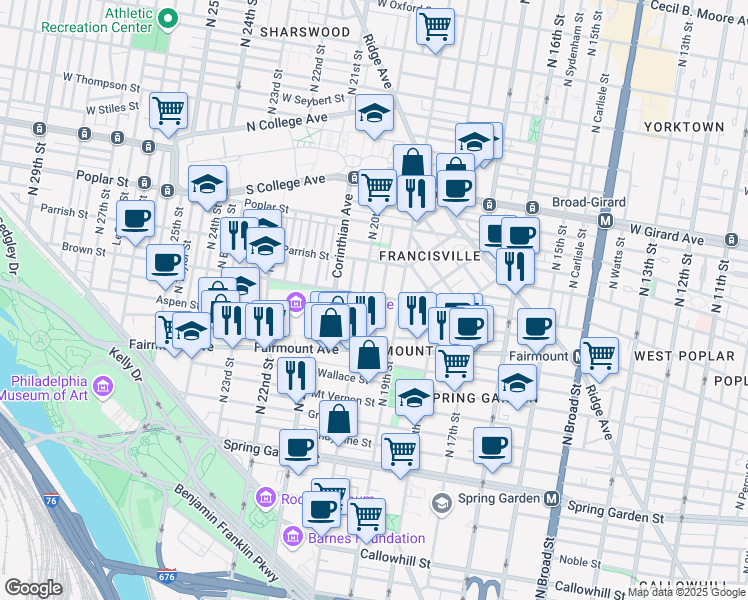 map of restaurants, bars, coffee shops, grocery stores, and more near 1123 Marlborough Street in Philadelphia
