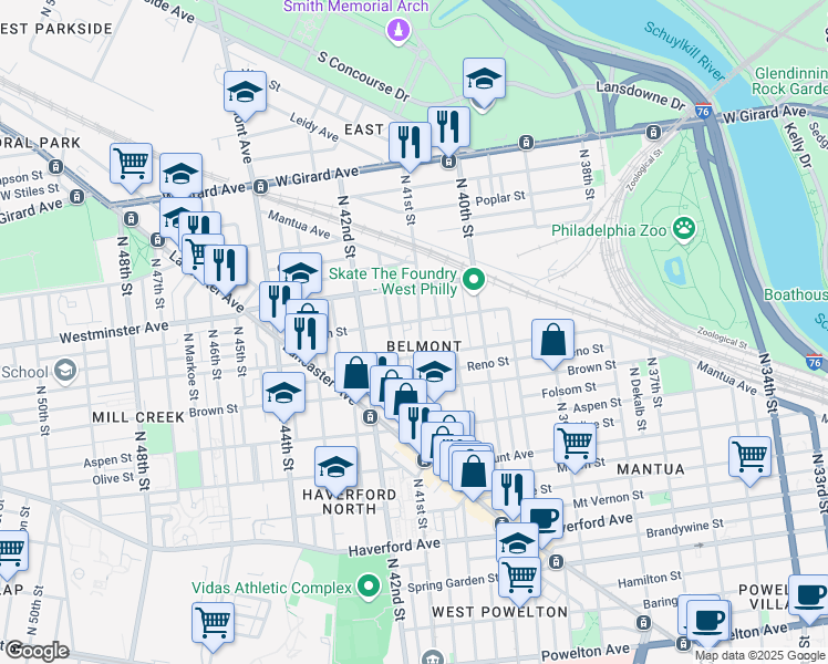 map of restaurants, bars, coffee shops, grocery stores, and more near 857 North 41st Street in Philadelphia