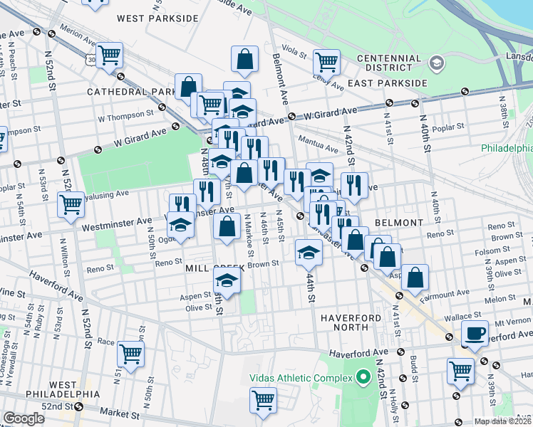 map of restaurants, bars, coffee shops, grocery stores, and more near 886 North 45th Street in Philadelphia