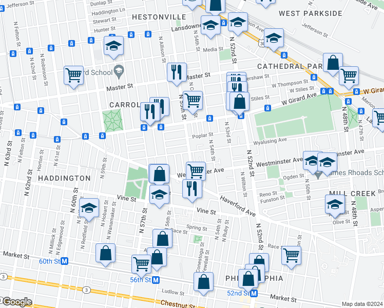 map of restaurants, bars, coffee shops, grocery stores, and more near 5416 Wyalusing Avenue in Philadelphia
