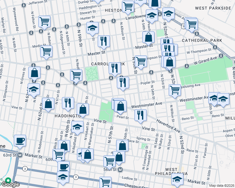 map of restaurants, bars, coffee shops, grocery stores, and more near 5603 Wyalusing Avenue in Philadelphia