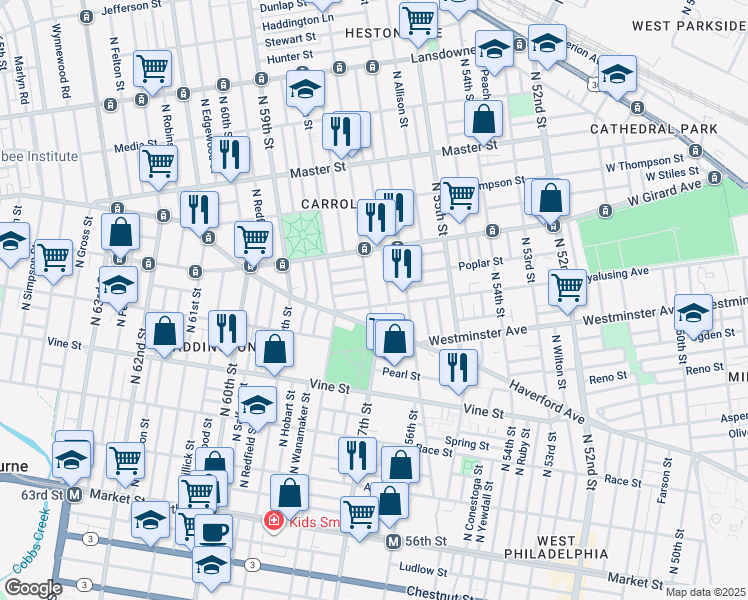 map of restaurants, bars, coffee shops, grocery stores, and more near 5641 Wyalusing Avenue in Philadelphia