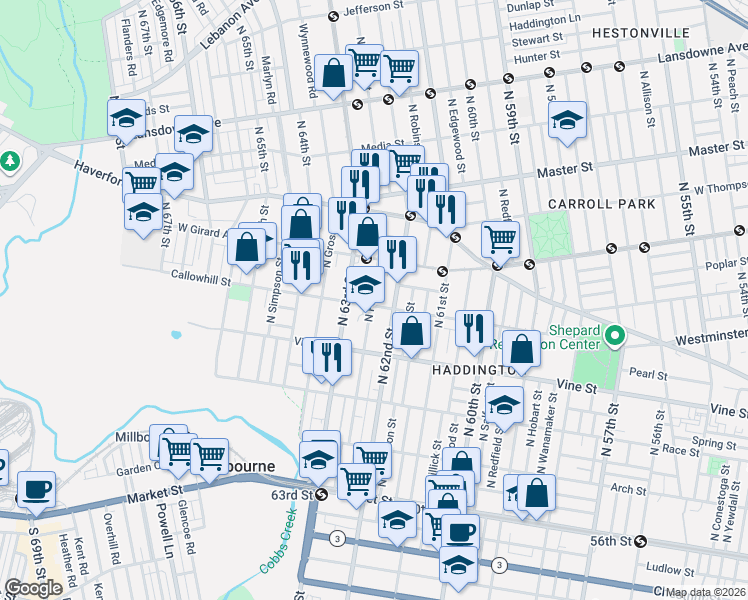 map of restaurants, bars, coffee shops, grocery stores, and more near 408 North Felton Street in Philadelphia