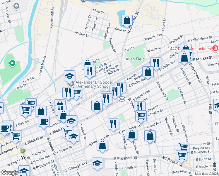 map of restaurants, bars, coffee shops, grocery stores, and more near 688 State Route 462 in York