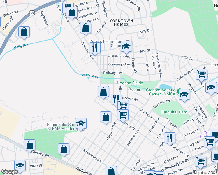 map of restaurants, bars, coffee shops, grocery stores, and more near 458 Tioga Street in York