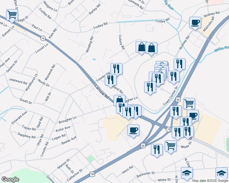 map of restaurants, bars, coffee shops, grocery stores, and more near 1544 Haviland Road in York