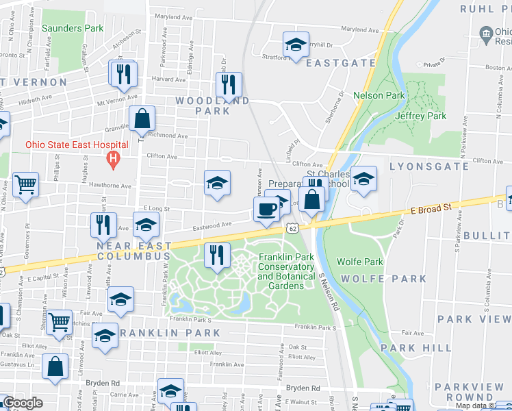 map of restaurants, bars, coffee shops, grocery stores, and more near 1750 East Long Street in Columbus