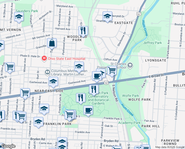 map of restaurants, bars, coffee shops, grocery stores, and more near 1750 East Long Street in Columbus