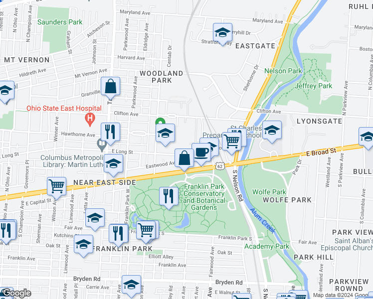 map of restaurants, bars, coffee shops, grocery stores, and more near 1750 East Long Street in Columbus