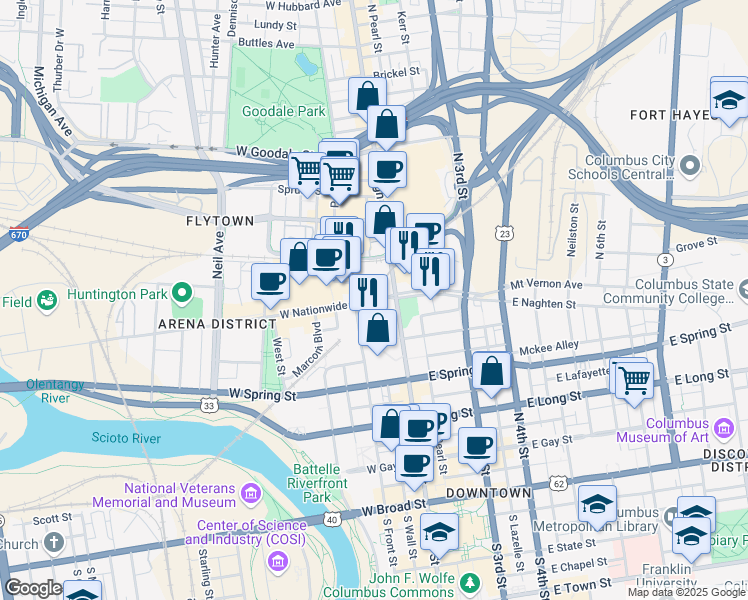 map of restaurants, bars, coffee shops, grocery stores, and more near 3 West Nationwide Boulevard in Columbus
